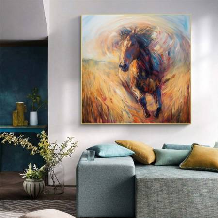 Картина маслом на холсте Лошадь бегущая по полю большая картина в интерьер