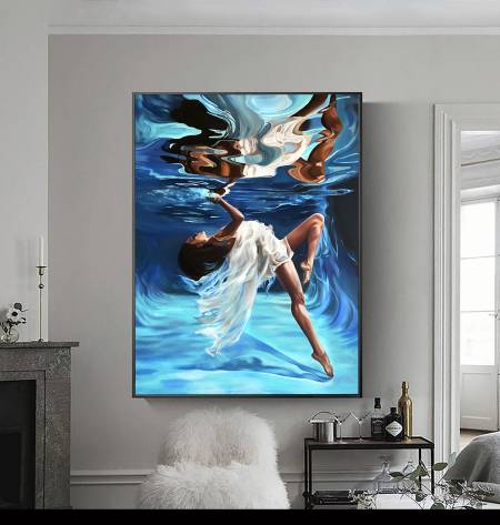 Картина маслом на холсте магия воды- девушка под водой современный шедевр в интерьер