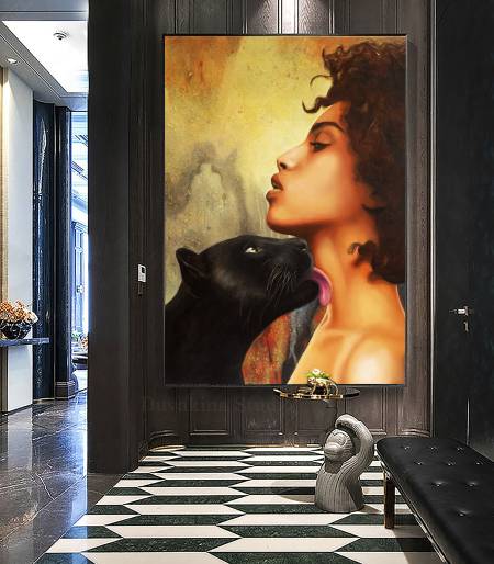 Интерьерная картина маслом Девушка с Черной Пантерой большая картина в гостиную