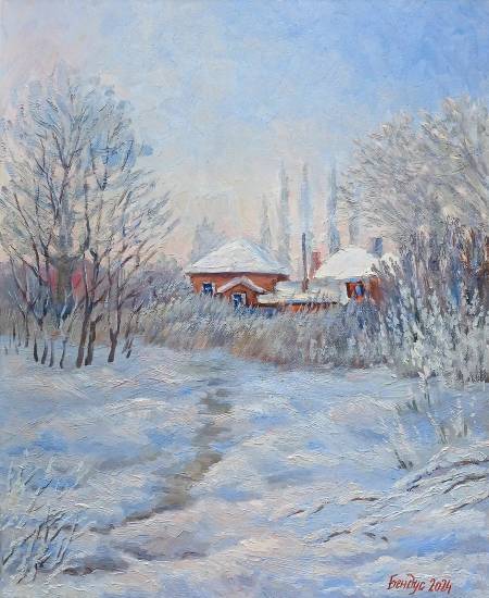 Картина маслом на холсте пейзаж зимний снежный Морозный день вертикальная для гостиной