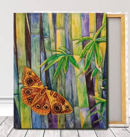 Картина Бабочка и бамбук акварель, холст 50*40см, лак 
