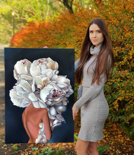 Картина маслом на холсте Девушка с Пионами большая картина в интерьер