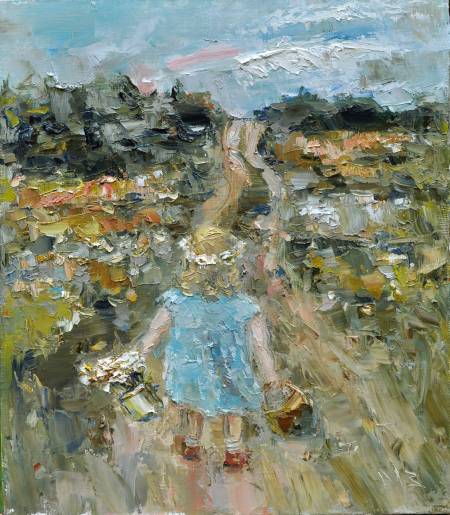 Картина маслом летний пейзаж с девочкой живопись импрессионизм пейзаж с ребенком лето лес поле ромашки грибы 