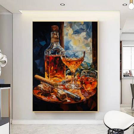 Большая картина маслом Натюрморт Бутылка виски и Сигара купить картину в подарок
