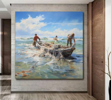 Большая картина маслом на холсте Рыбаки в Море купить картину в гостиную