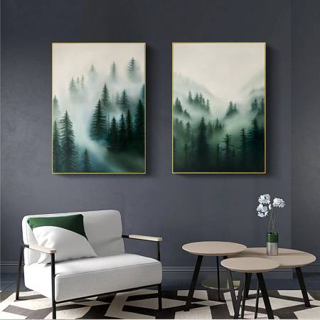 Картина маслом на холсте зеленый лес в тумане в интерьер