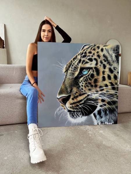 Картина маслом на холсте Леопард -взгляд голубых глаз квадратная картина в интерьер