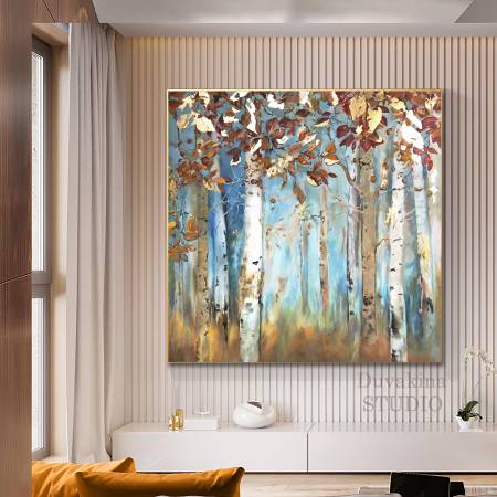 Картина маслом на холсте Березовая Симфония - Пейзаж квадратная картина в интерьер